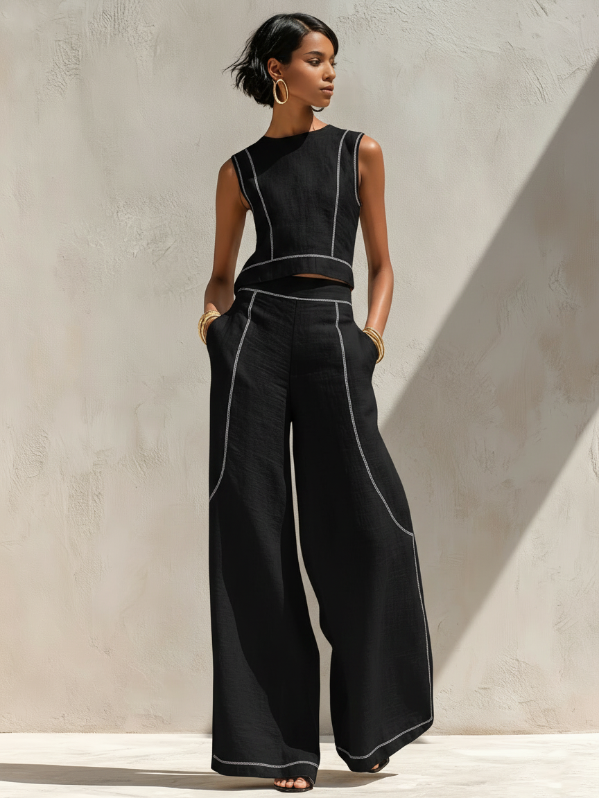 Completo donna minimal con cuciture a contrasto