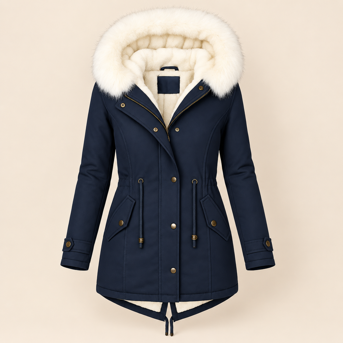 Parka lunga donna in poliestere con cappuccio e vita regolabile