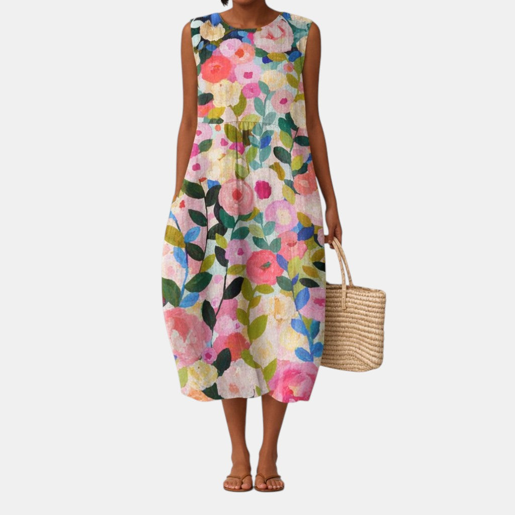 Abito midi donna con maxi stampa floreale vivace
