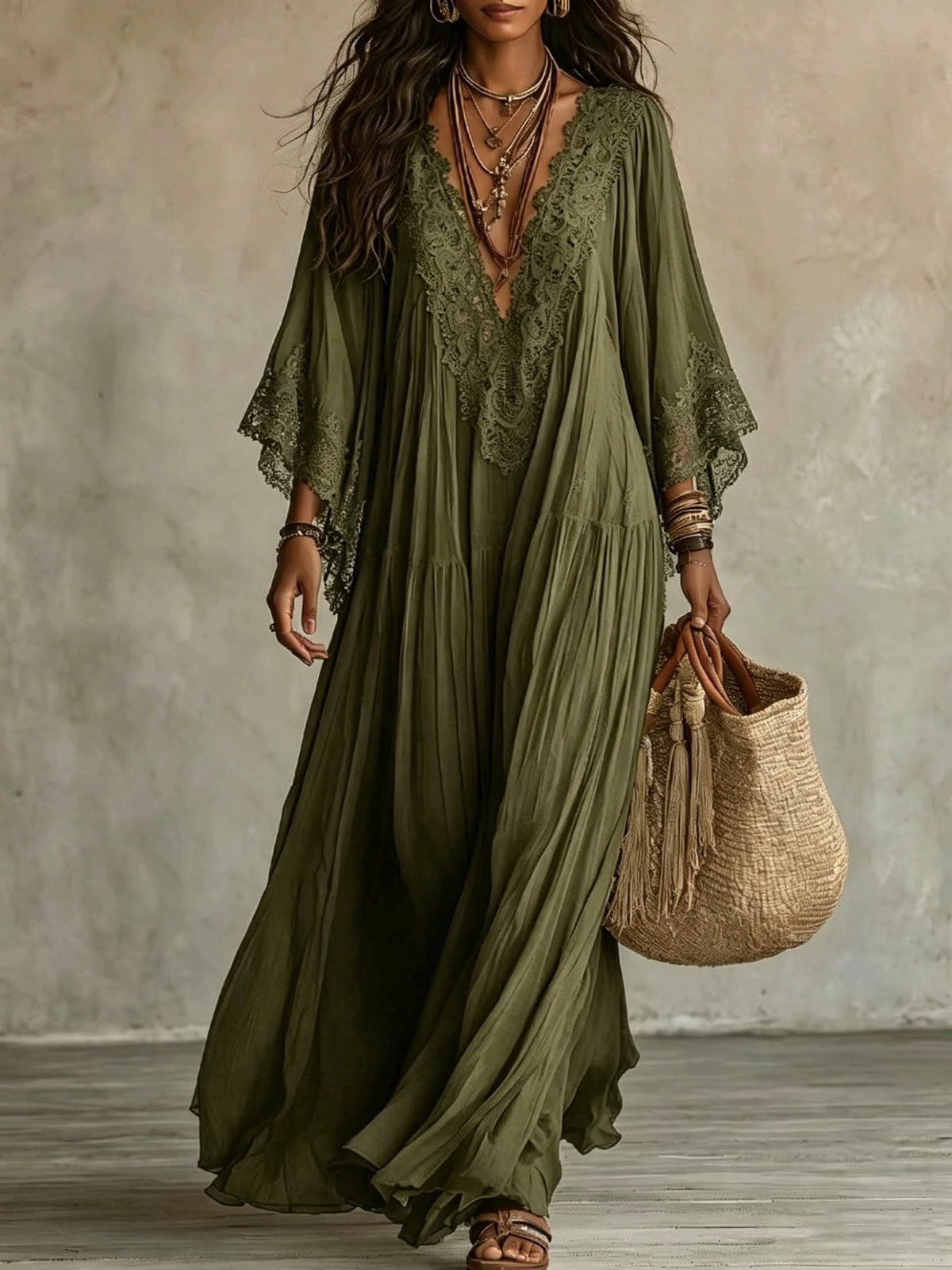 Abito maxi donna boho con scollo a V e dettagli in pizzo