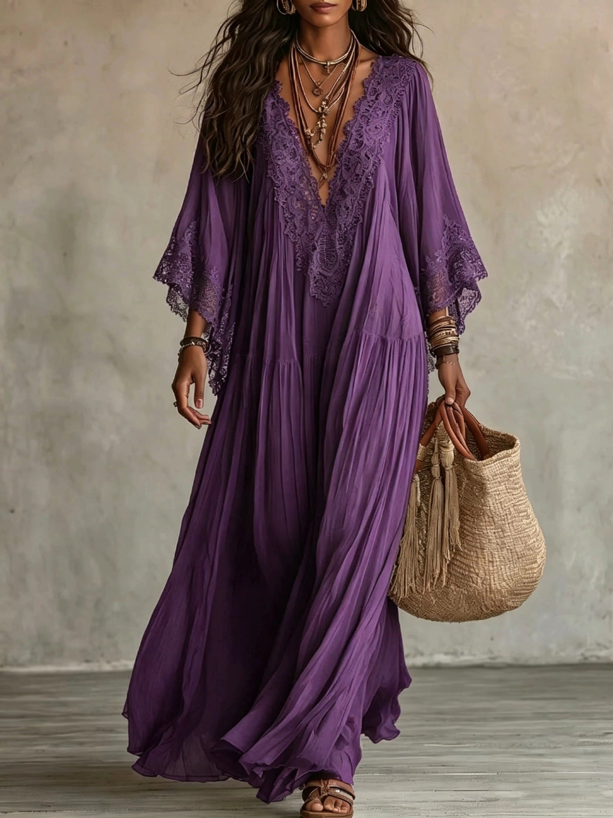 Abito maxi donna boho con scollo a V e dettagli in pizzo