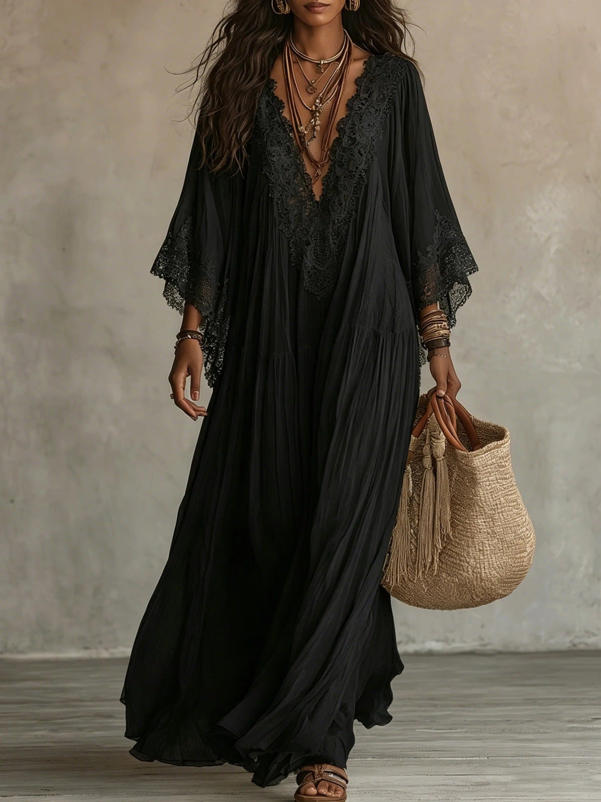 Abito maxi donna boho con scollo a V e dettagli in pizzo