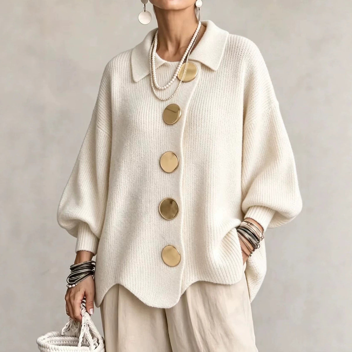 Cardigan donna oversize in poliestere con bottoni grandi