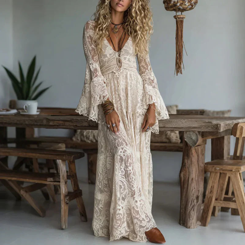 Abito lungo donna vintage in pizzo con maniche svasate