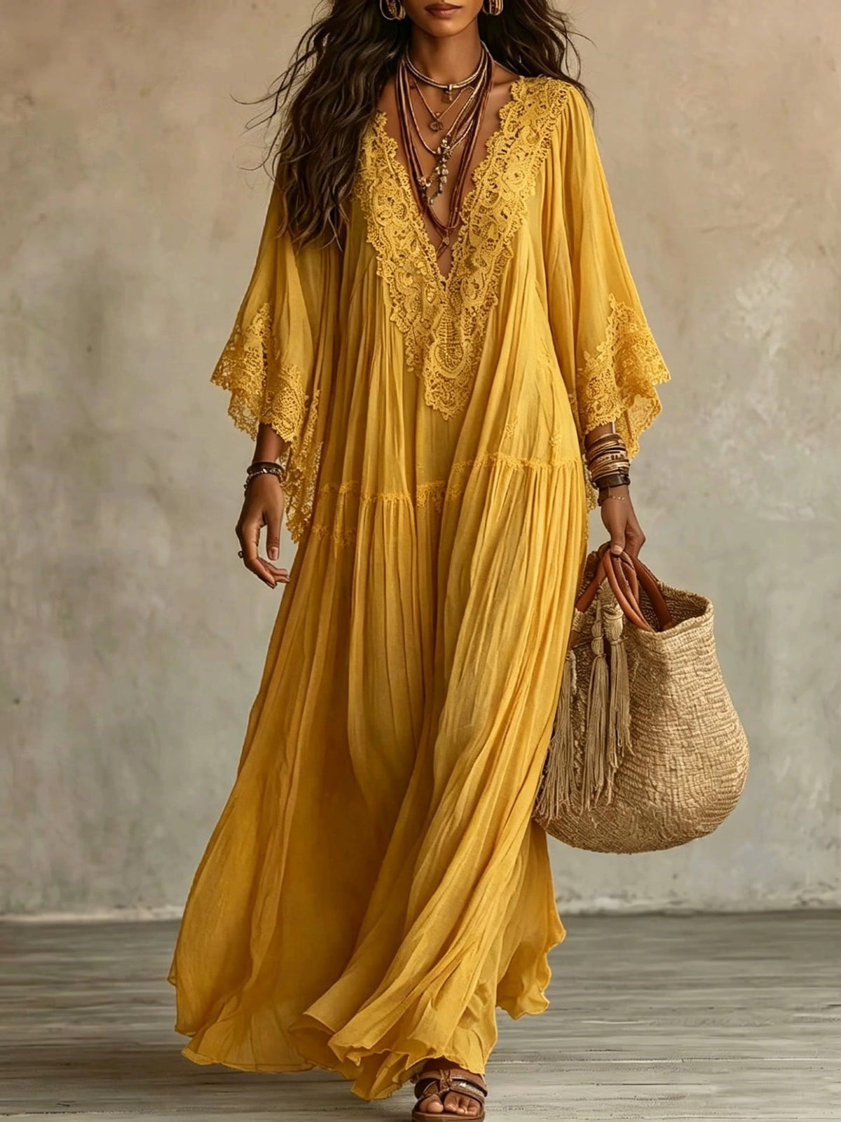 Abito maxi donna boho con scollo a V e dettagli in pizzo