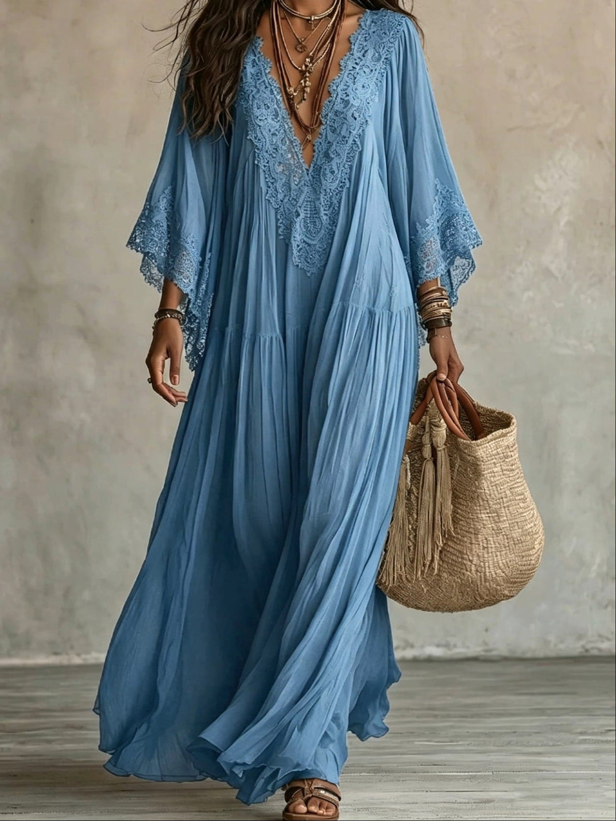 Abito maxi donna boho con scollo a V e dettagli in pizzo