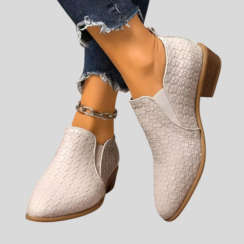 Stivaletti donna effetto intrecciato con tacco basso e inserti elastici