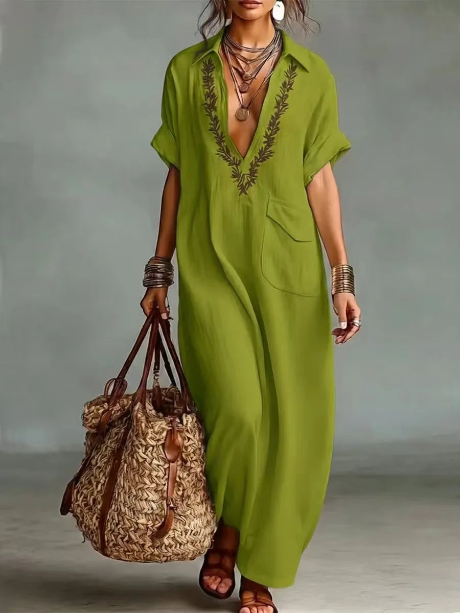 Abito lungo donna boho con ricamo al collo e tasche