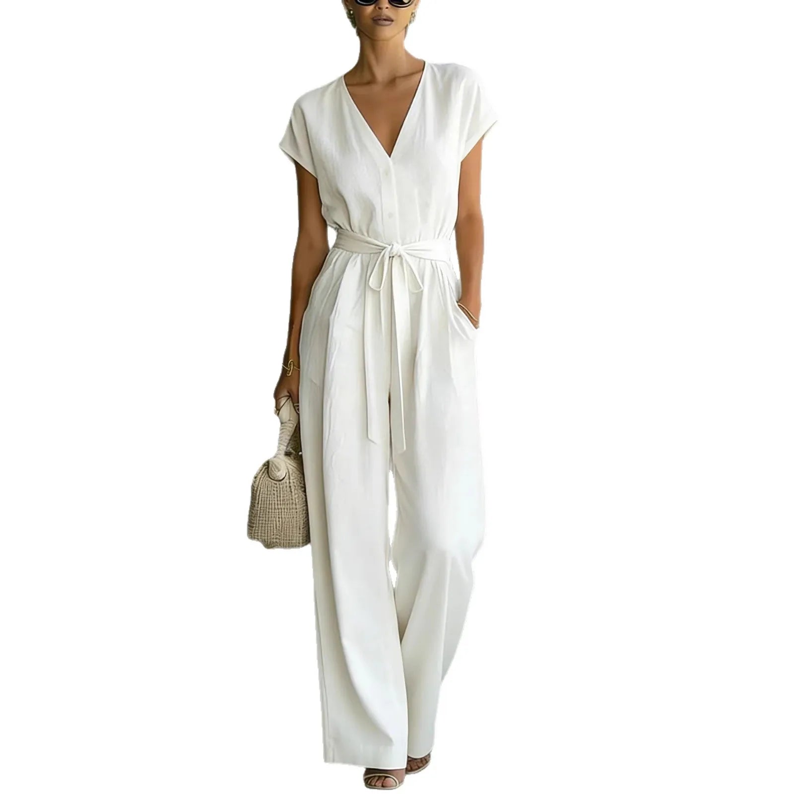 Tuta donna elegante con scollo a V e cintura