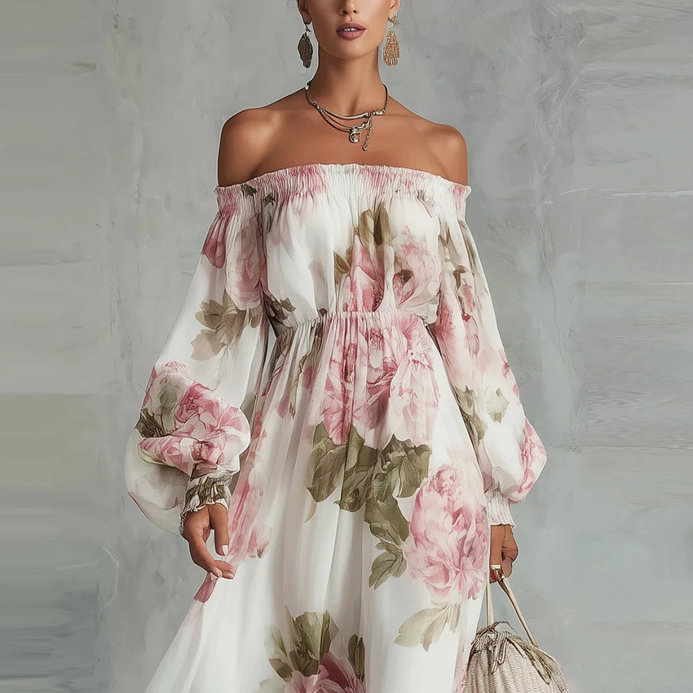 Abito maxi donna floreale con spalle scoperte
