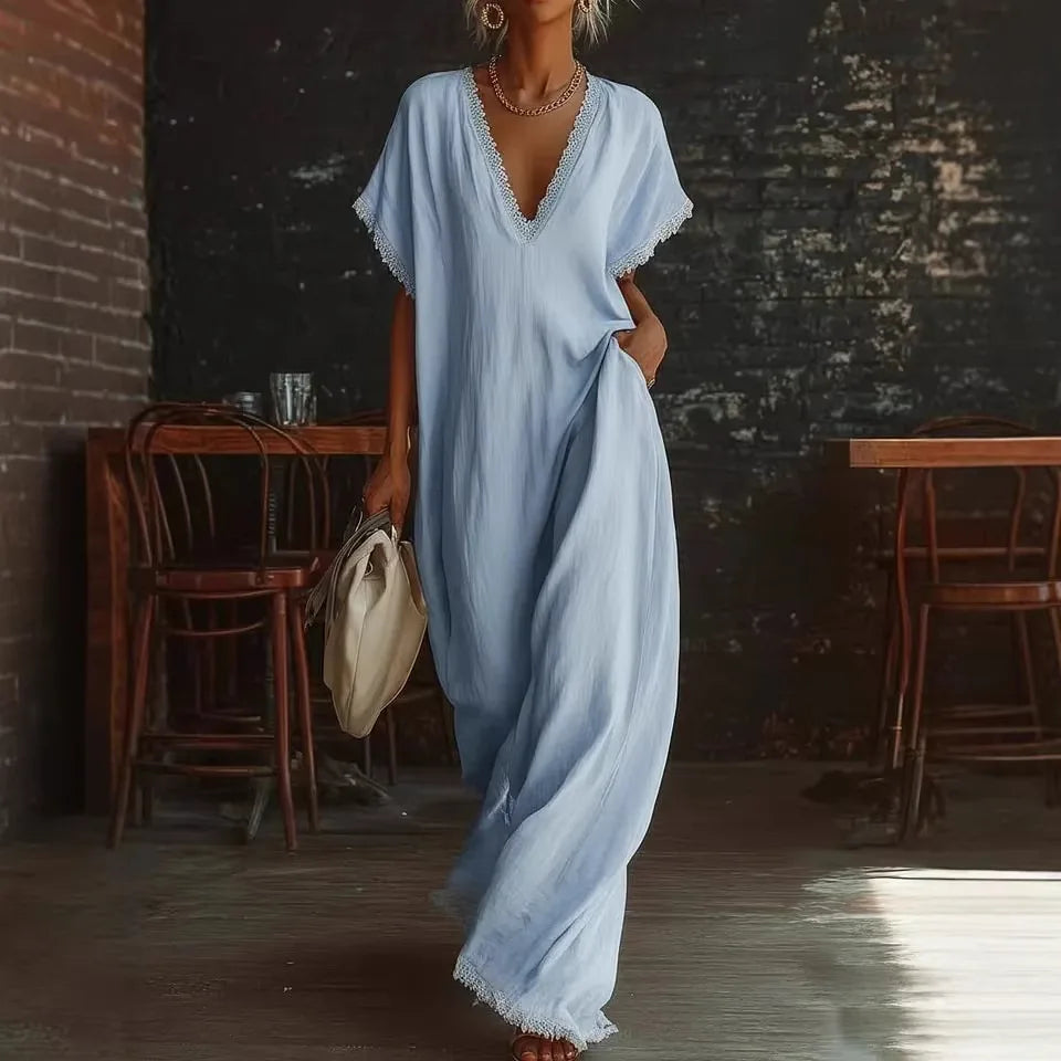 Abito lungo donna con scollo a V e dettagli in pizzo