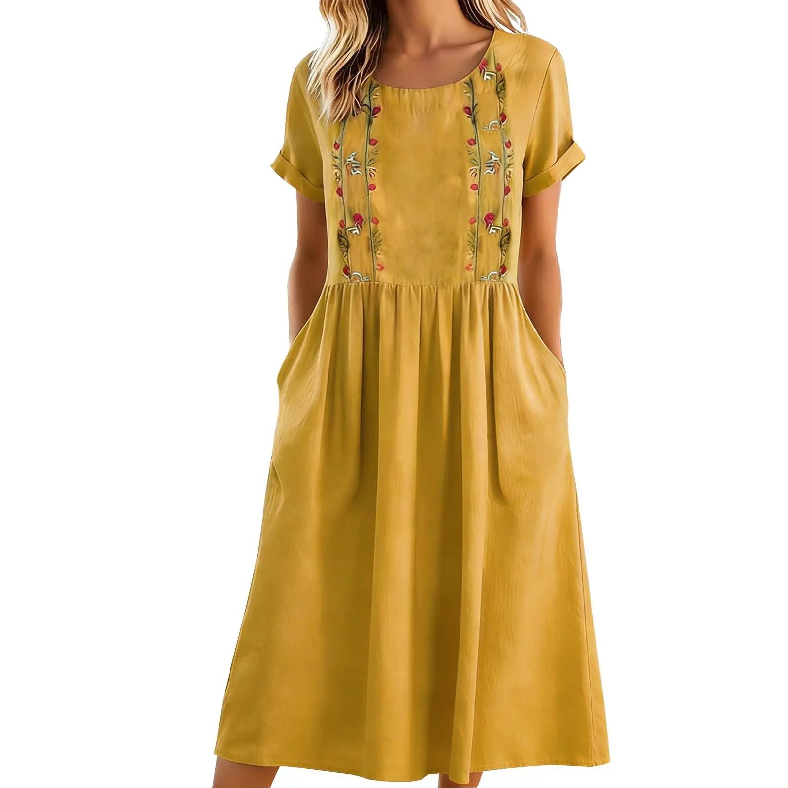 Abito midi donna con ricamo floreale e tasche laterali