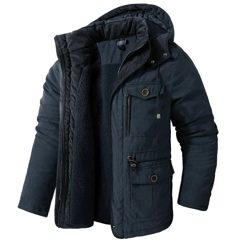 Parka uomo invernale con cappuccio rimovibile e tasche multiple