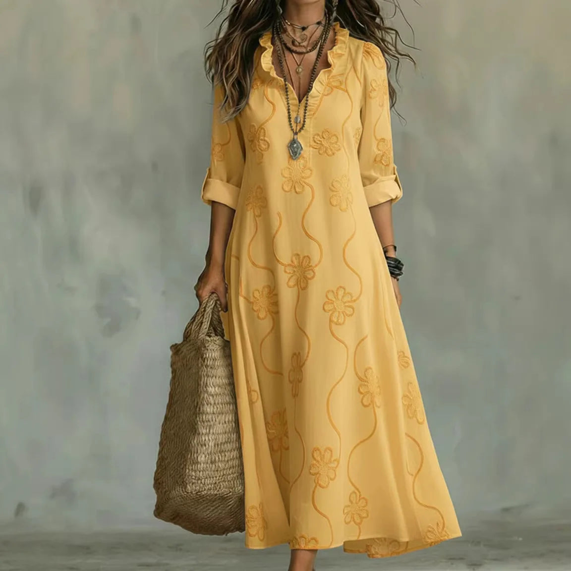 Abito lungo boho donna con ricamo floreale e scollo a V