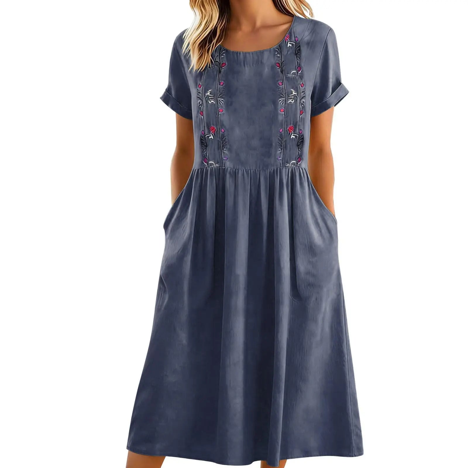 Abito midi donna con ricamo floreale e tasche laterali