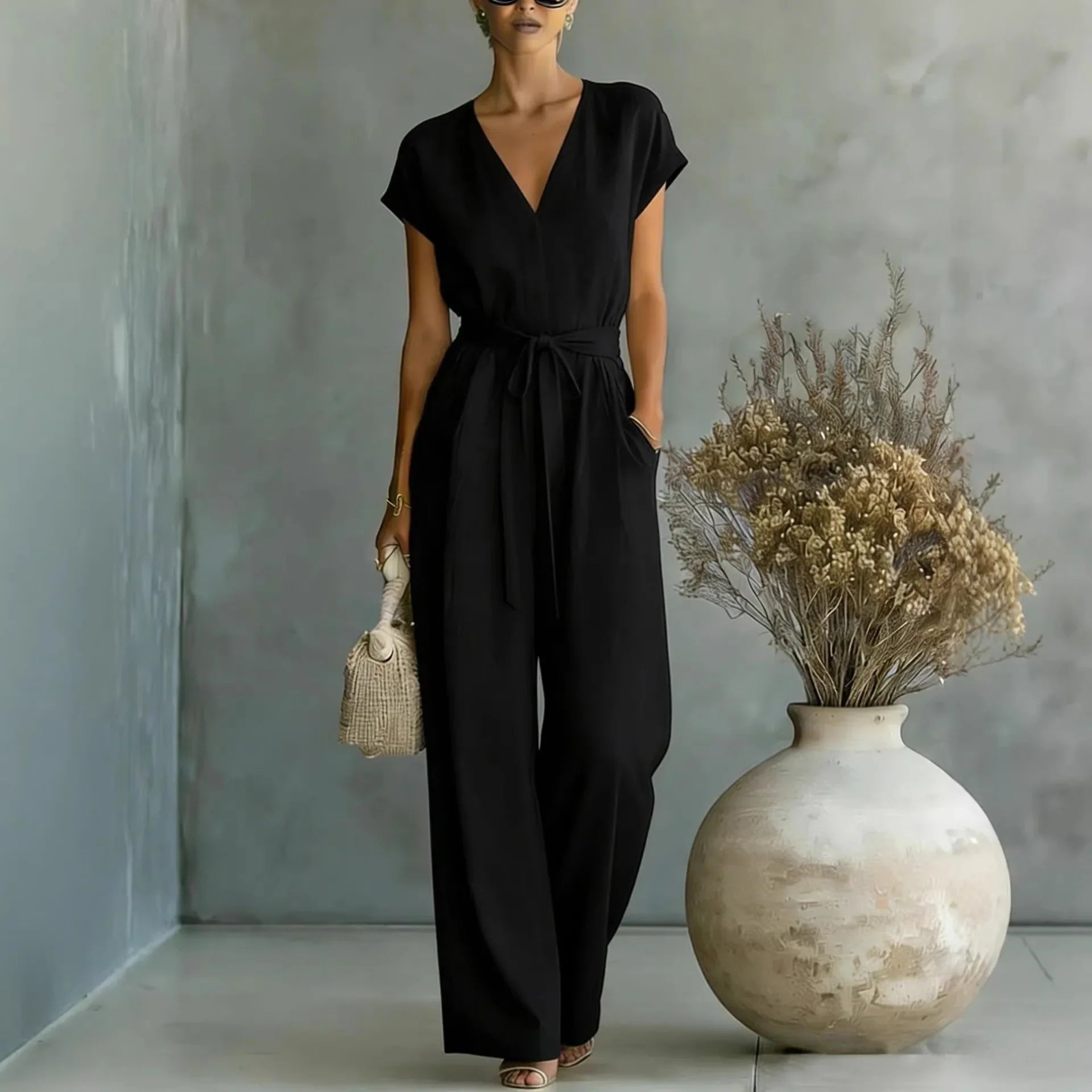 Tuta donna elegante con scollo a V e cintura
