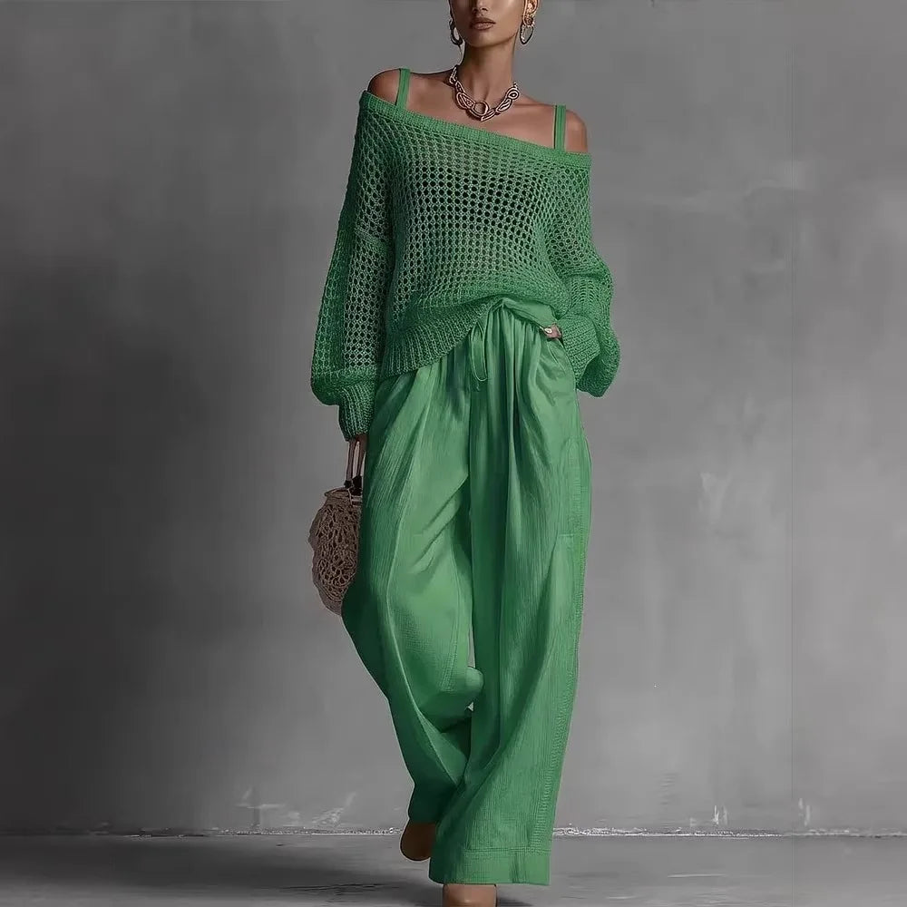 Completo donna maglione traforato pantaloni larghi