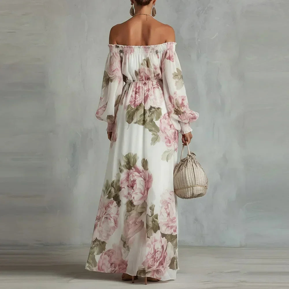 Abito maxi donna floreale con spalle scoperte