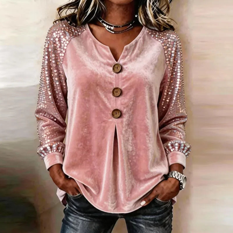 Top donna effetto velluto con paillettes e bottoni decorativi