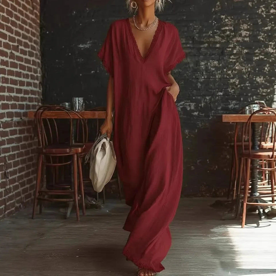 Abito lungo donna con scollo a V e dettagli in pizzo