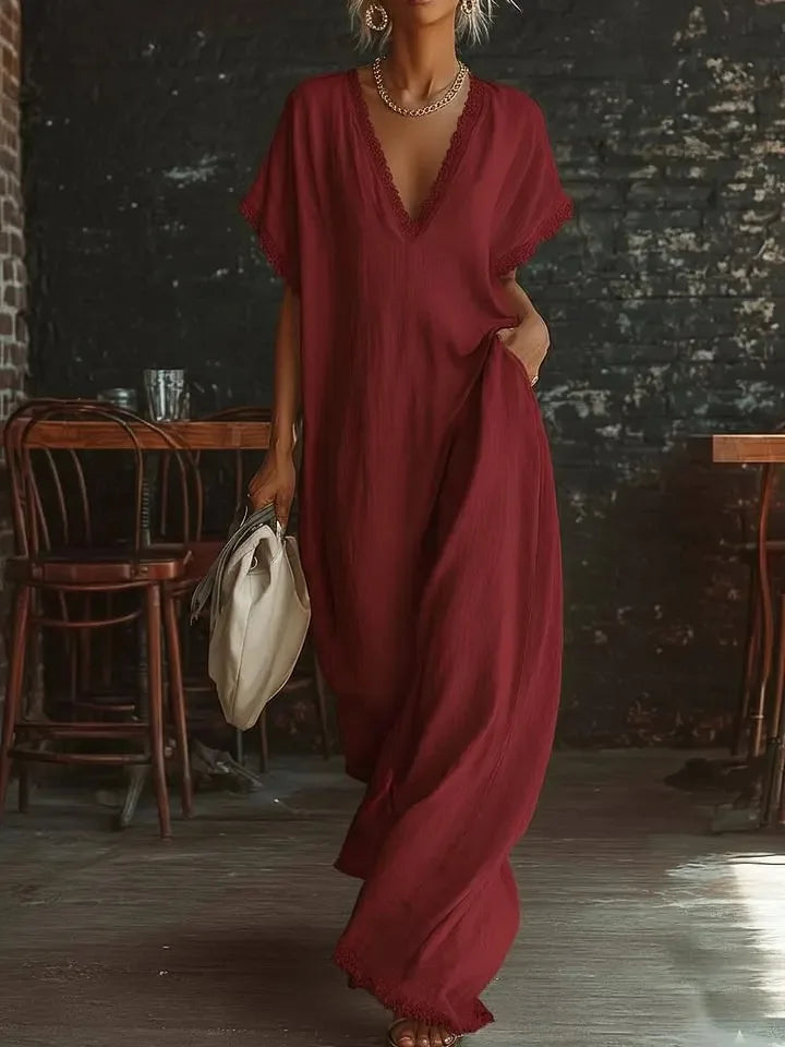 Abito lungo donna con scollo a V e dettagli in pizzo