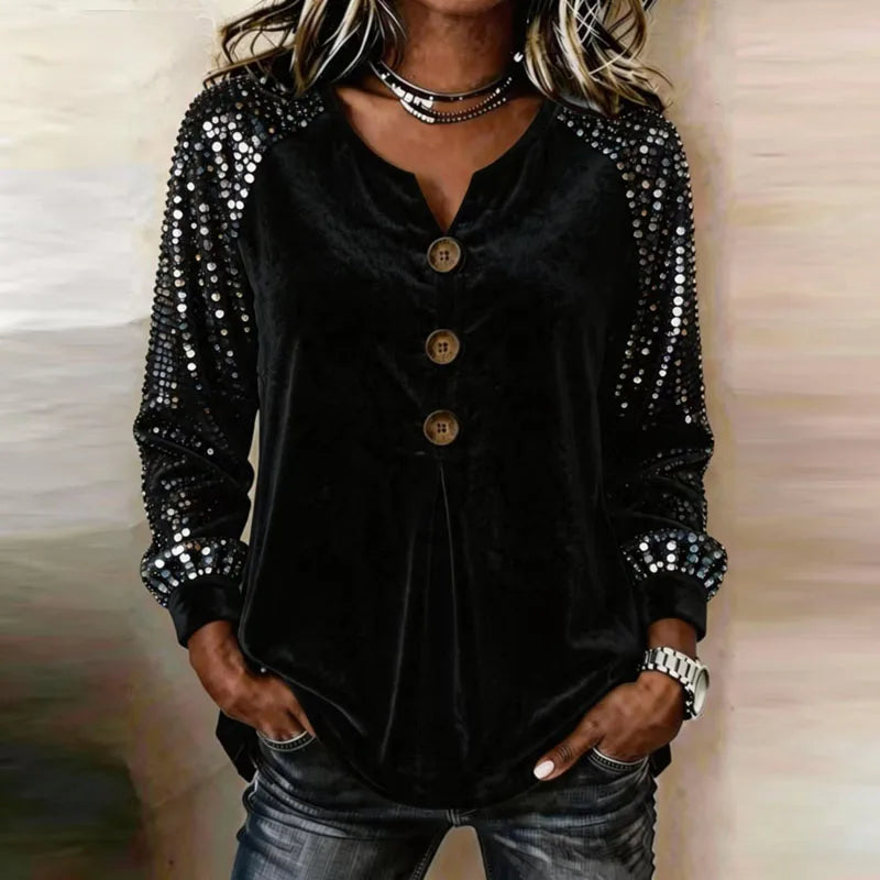 Top donna effetto velluto con paillettes e bottoni decorativi