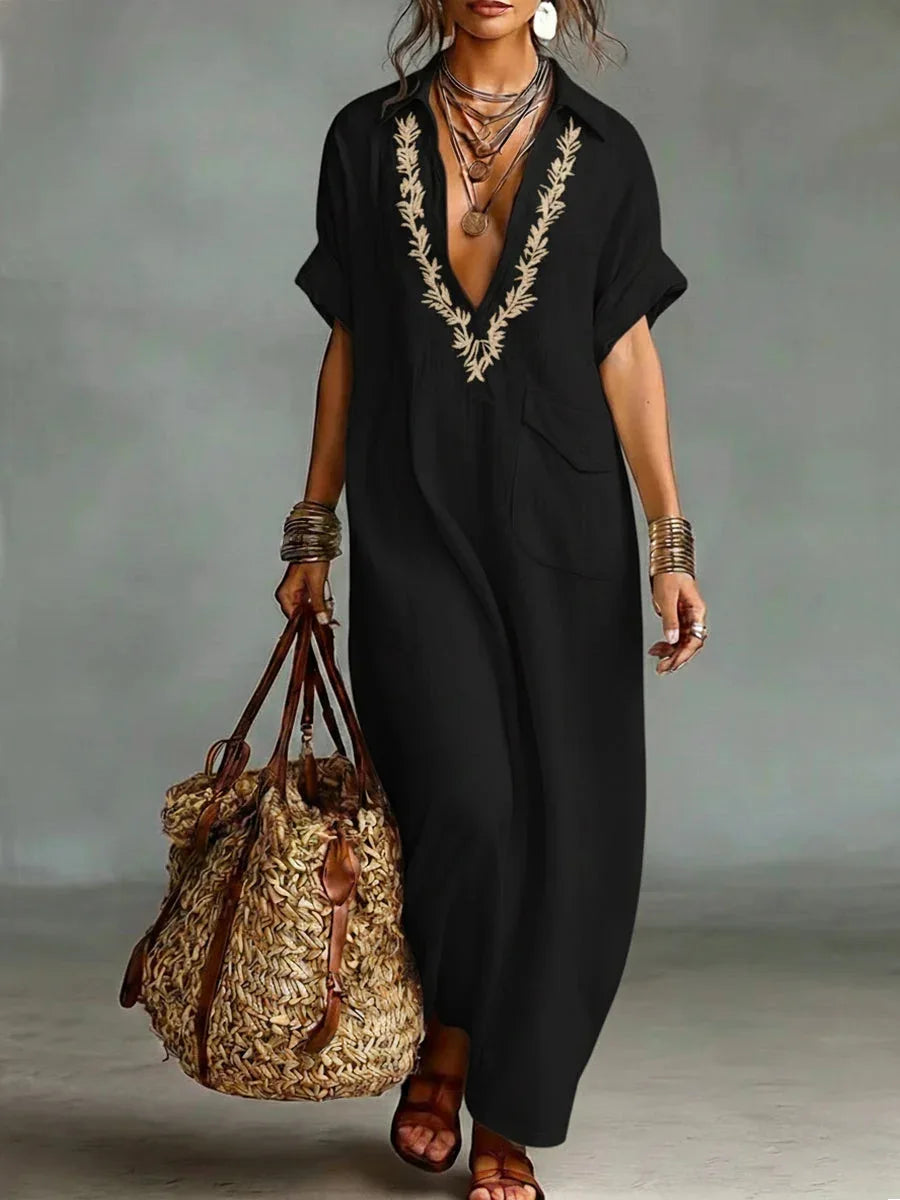 Abito lungo donna boho con ricamo al collo e tasche