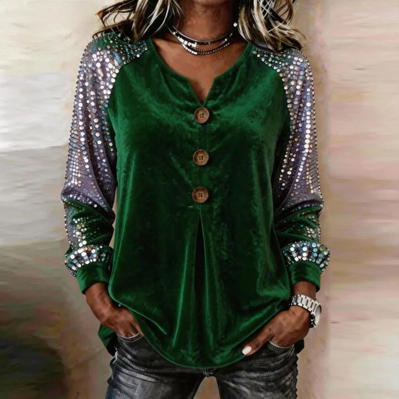 Top donna effetto velluto con paillettes e bottoni decorativi