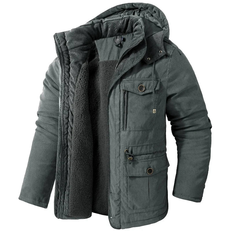 Parka uomo invernale con cappuccio rimovibile e tasche multiple