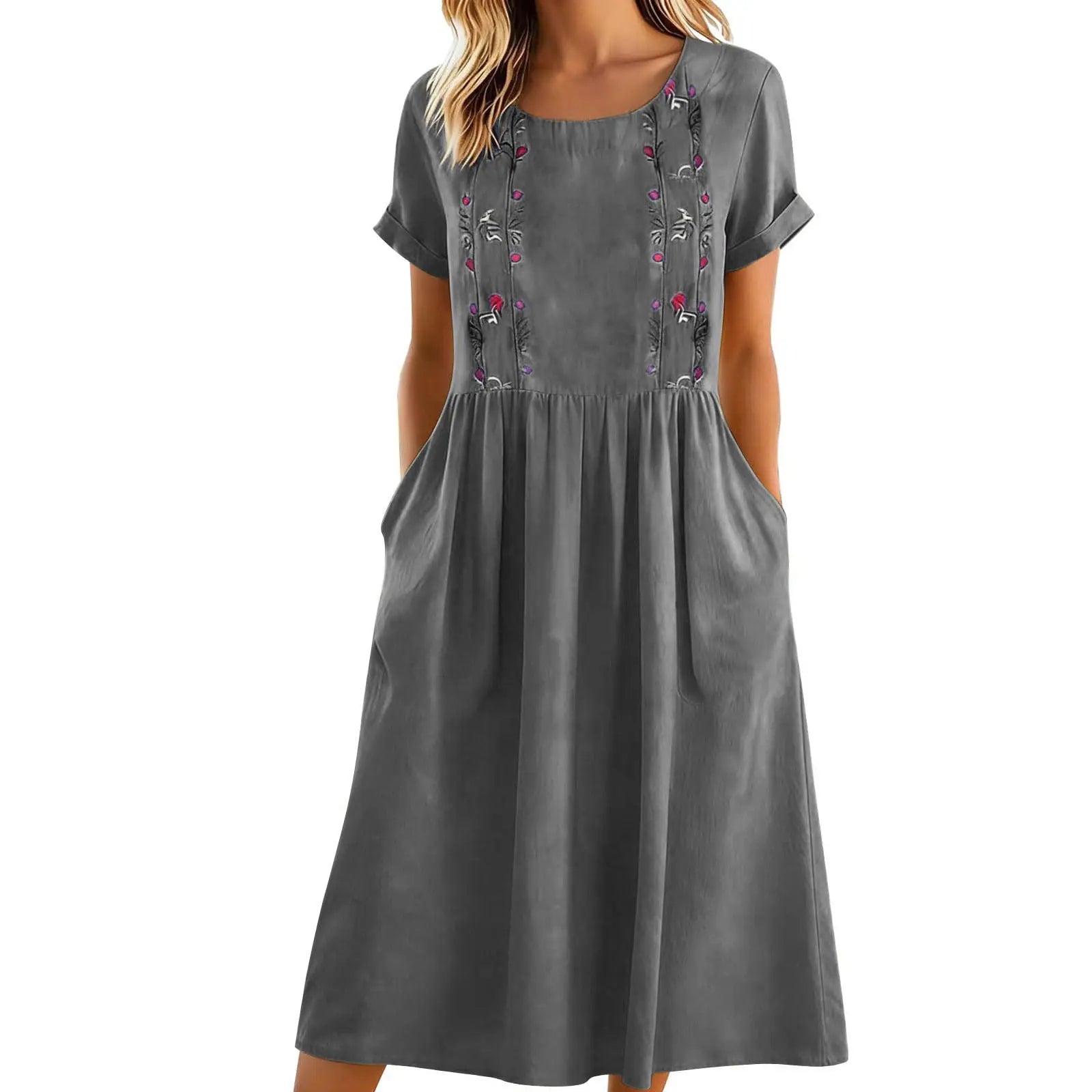 Abito midi donna con ricamo floreale e tasche laterali