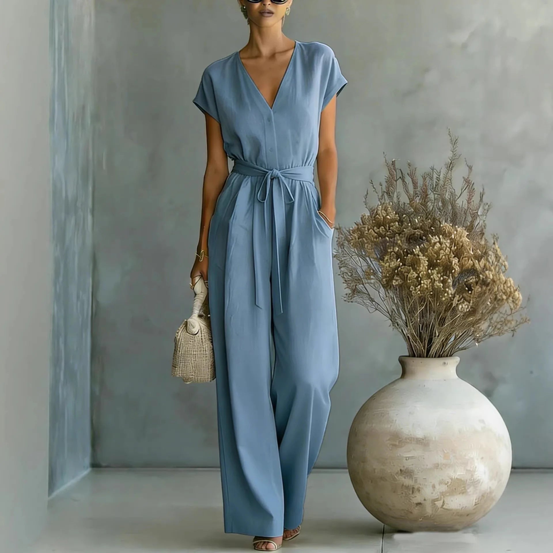 Tuta donna elegante con scollo a V e cintura
