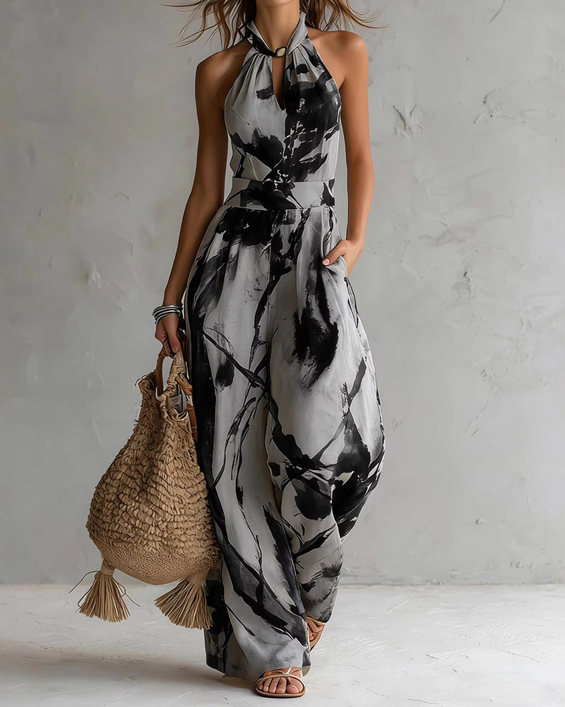 Tuta donna halter con stampa acquerello e pantaloni larghi