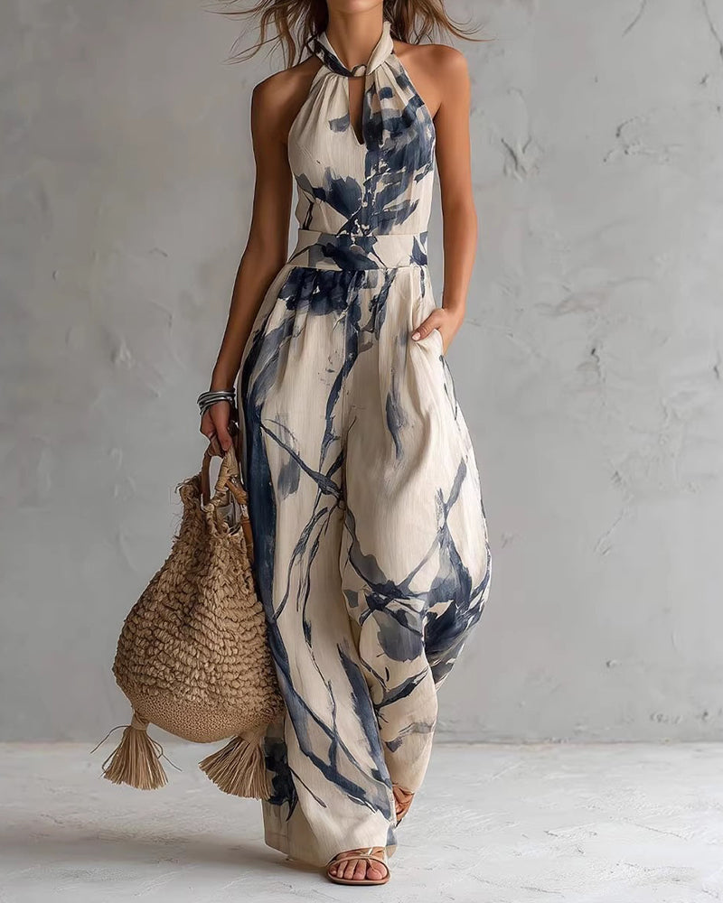 Tuta donna halter con stampa acquerello e pantaloni larghi