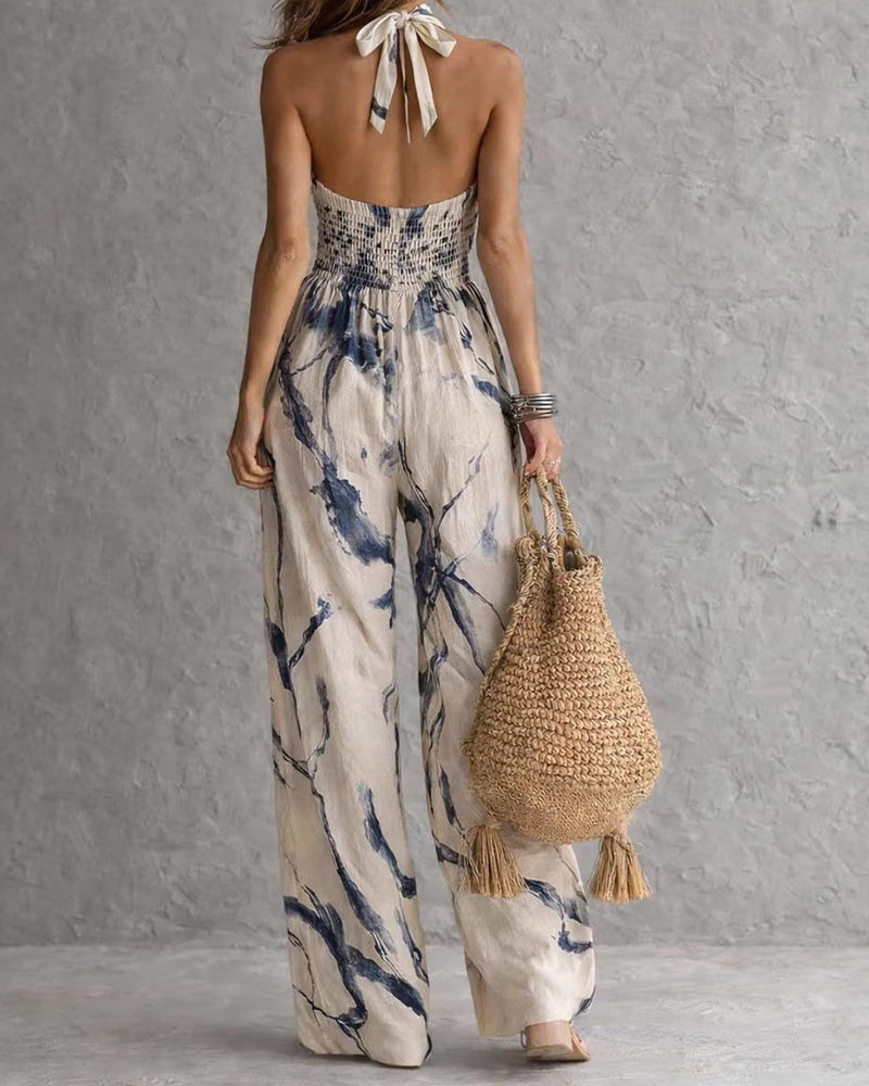 Tuta donna halter con stampa acquerello e pantaloni larghi