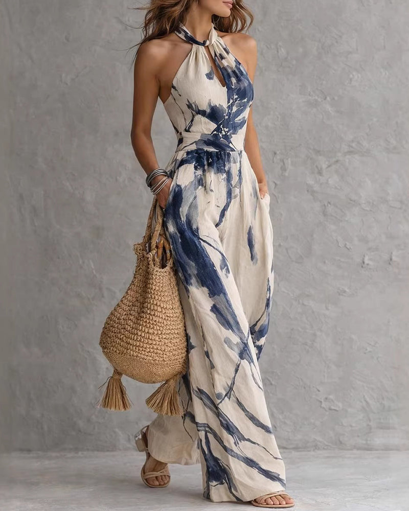 Tuta donna halter con stampa acquerello e pantaloni larghi