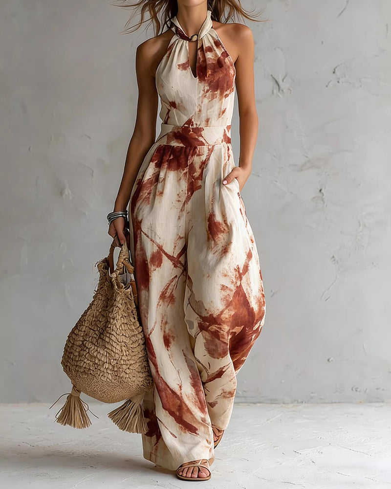 Tuta donna halter con stampa acquerello e pantaloni larghi