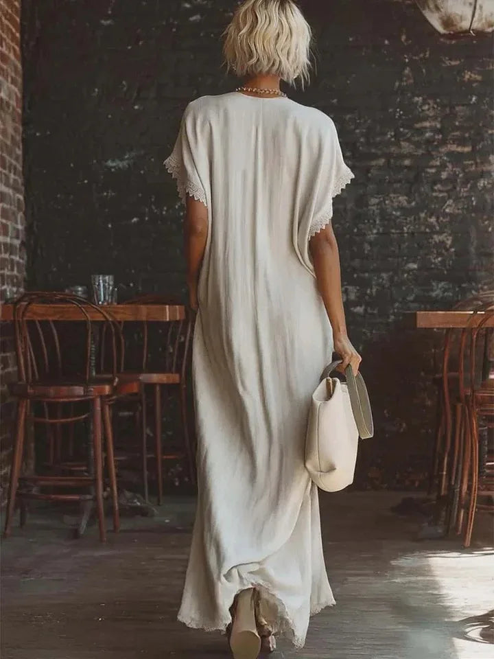 Abito lungo donna con scollo a V e dettagli in pizzo