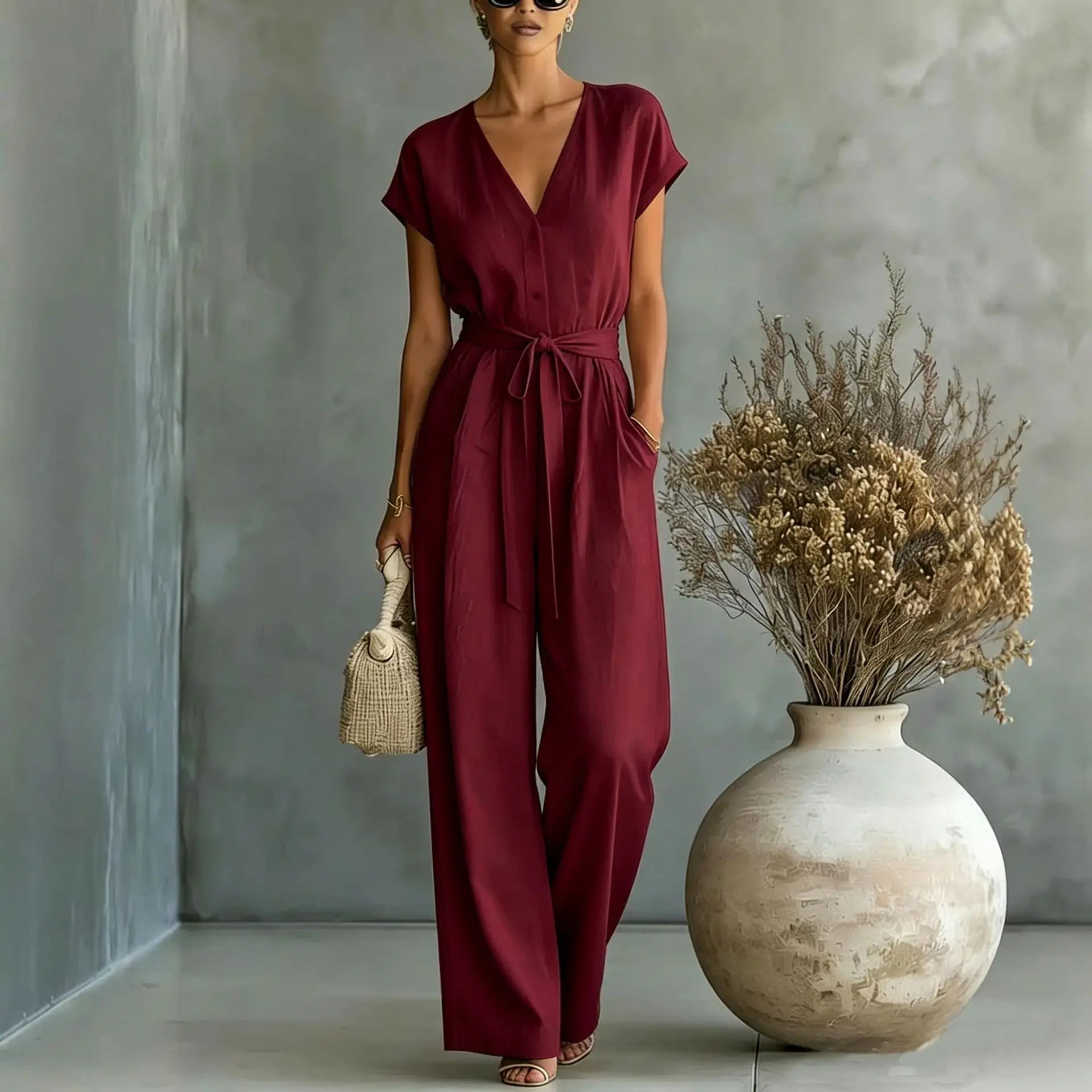 Tuta donna elegante con scollo a V e cintura