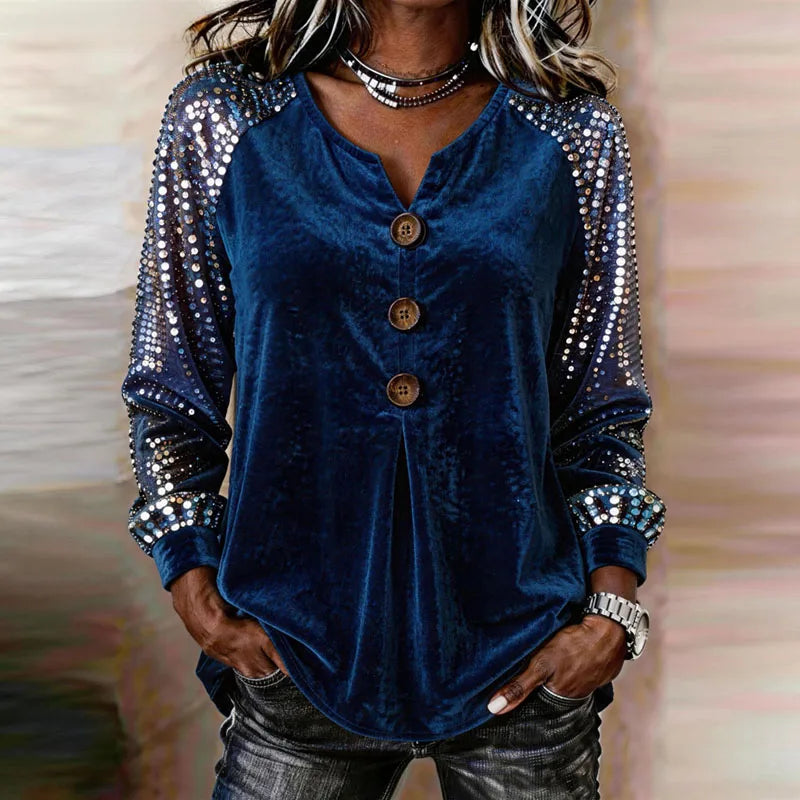 Top donna effetto velluto con paillettes e bottoni decorativi
