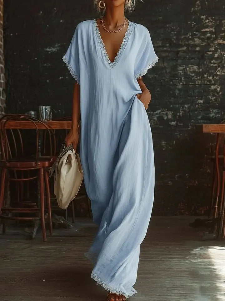 Abito lungo donna con scollo a V e dettagli in pizzo