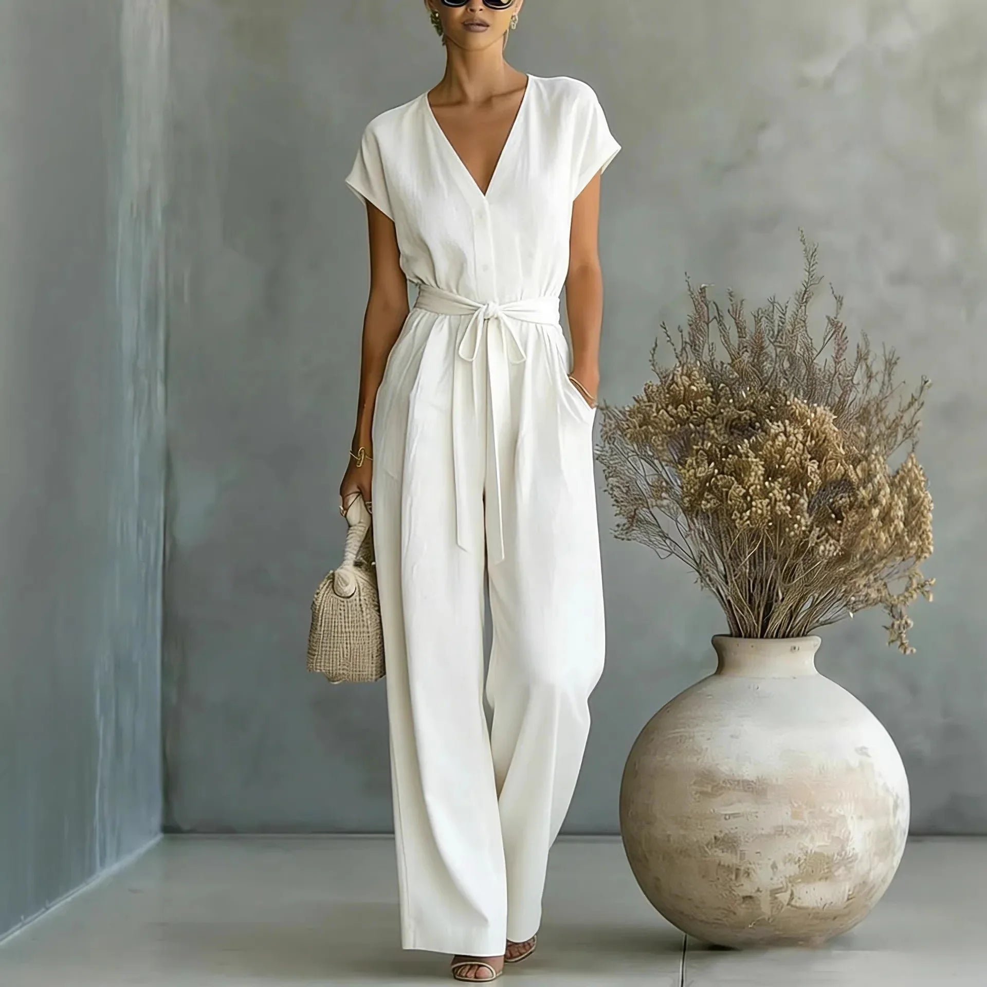 Tuta donna elegante con scollo a V e cintura