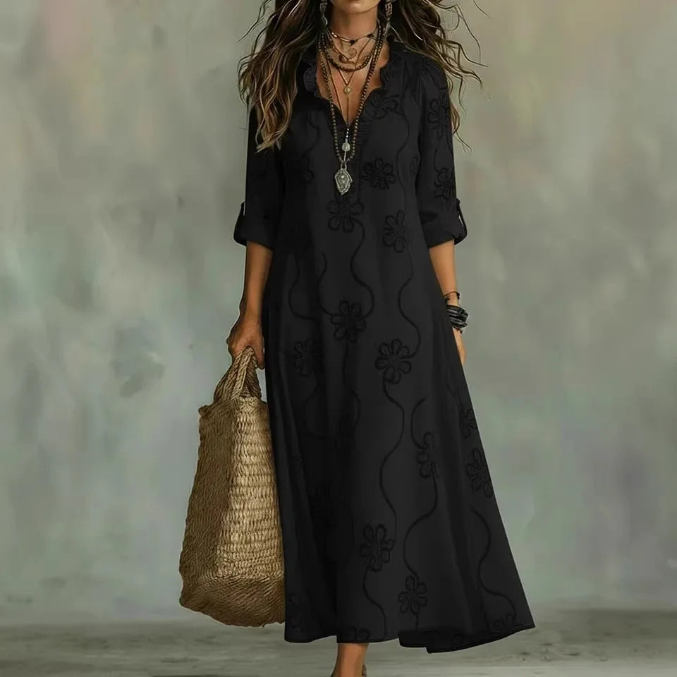 Abito lungo boho donna con ricamo floreale e scollo a V