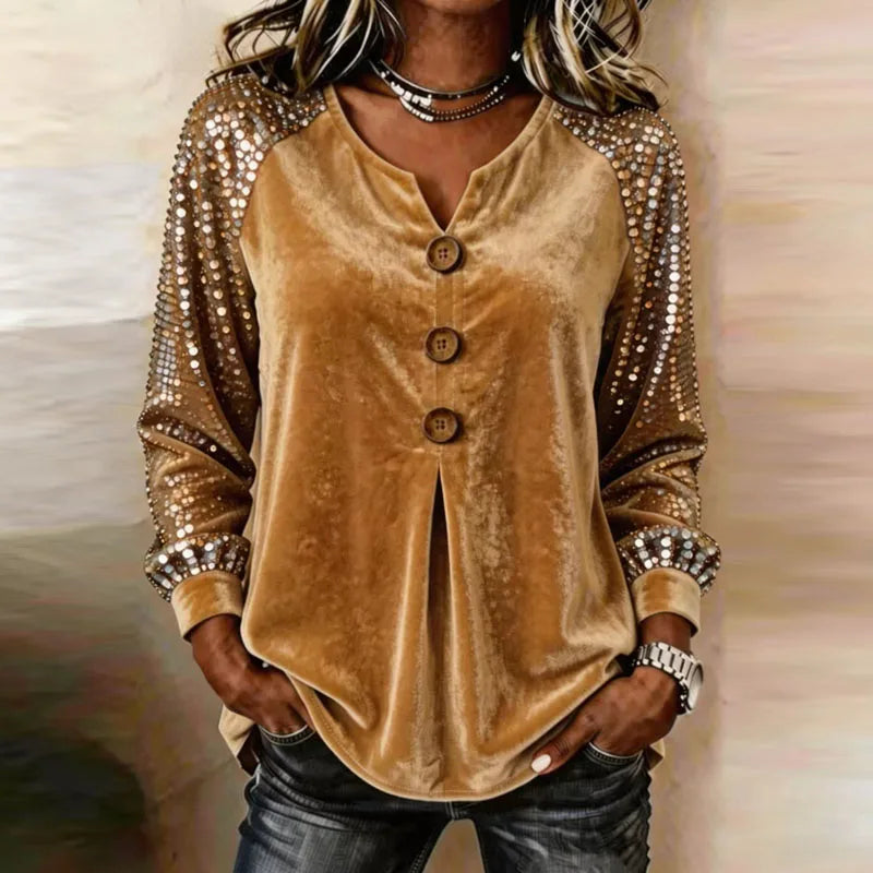 Top donna effetto velluto con paillettes e bottoni decorativi