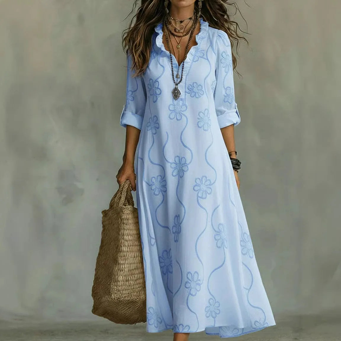 Abito lungo boho donna con ricamo floreale e scollo a V