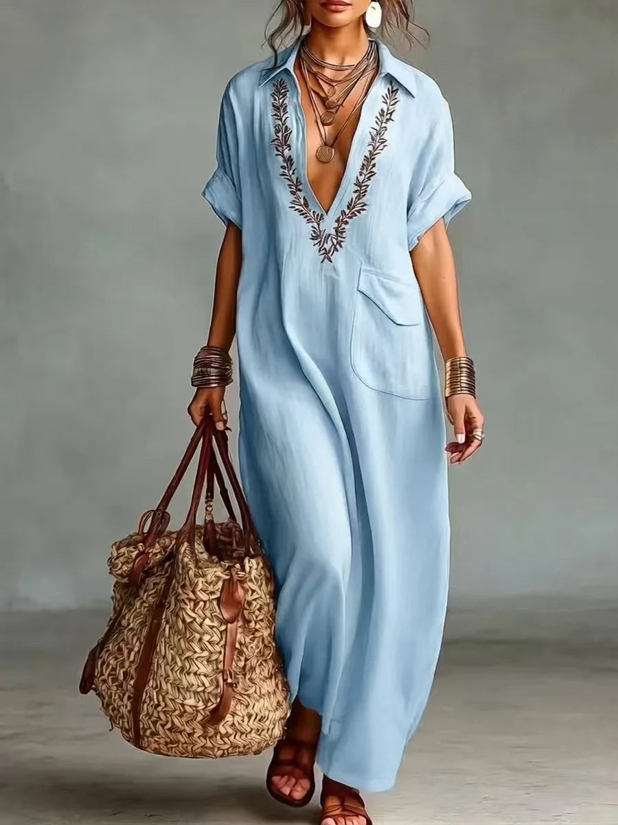 Abito lungo donna boho con ricamo al collo e tasche