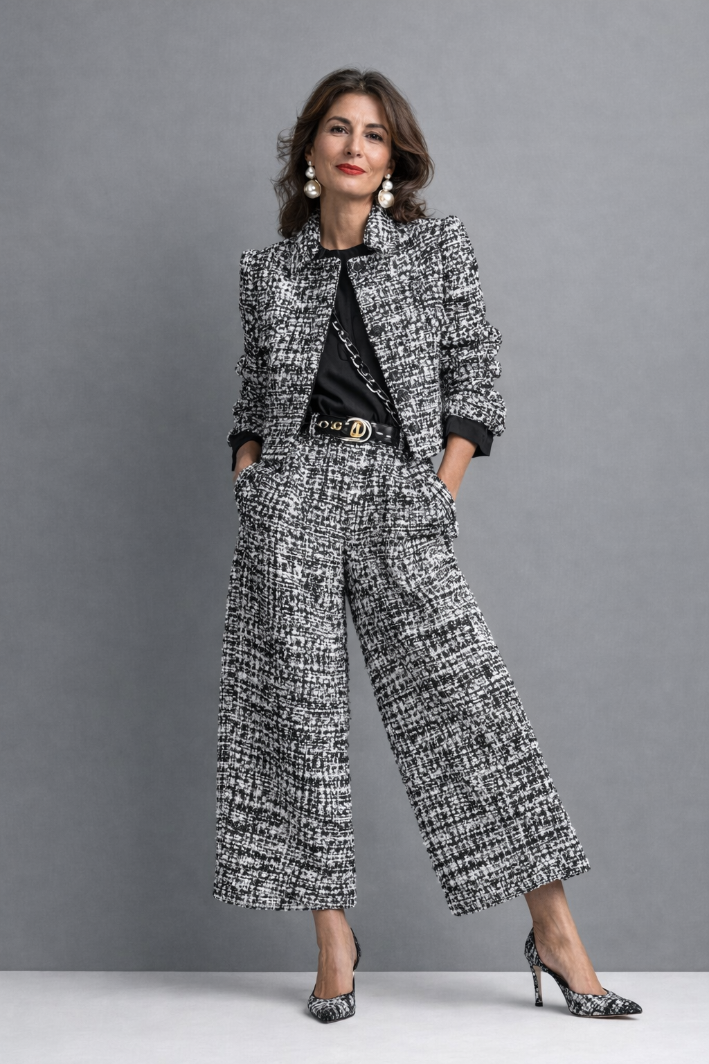 Completo donna in tweed con giacca corta e pantaloni larghi