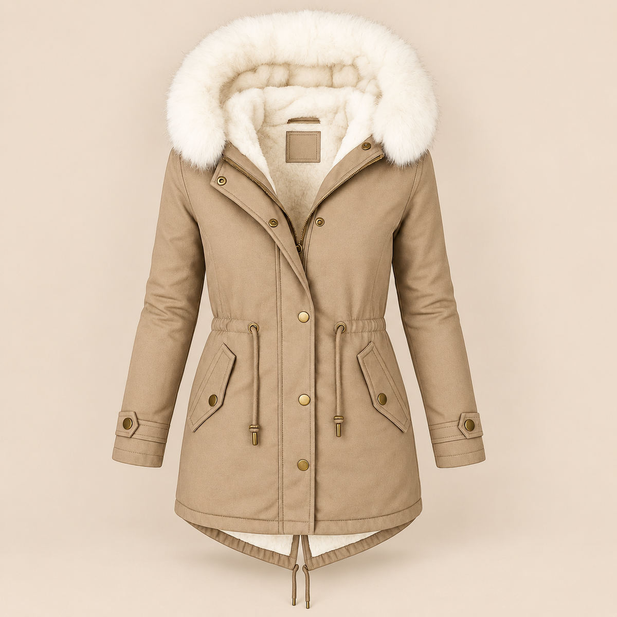 Parka lunga donna in poliestere con cappuccio e vita regolabile