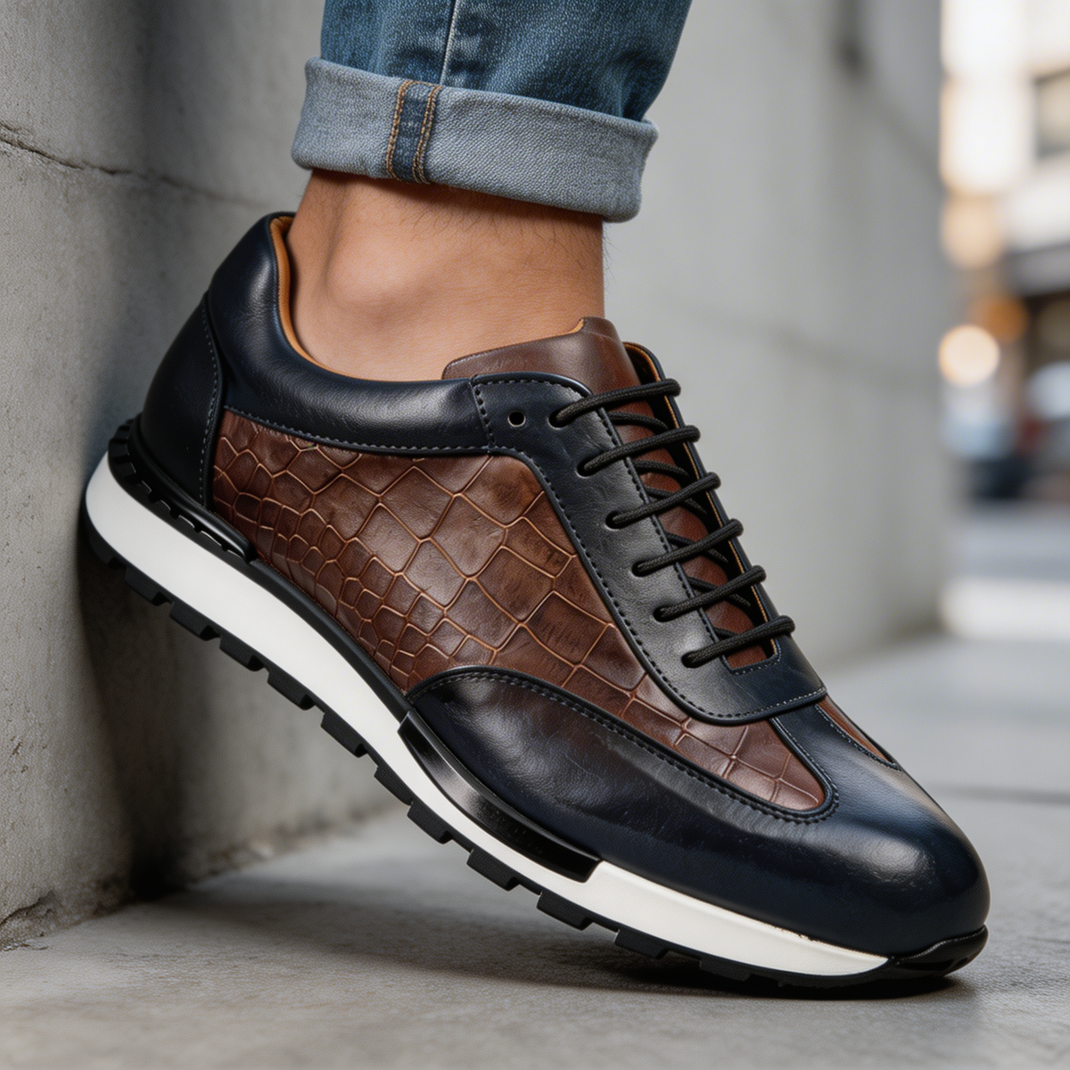 Sneakers uomo in pelle con texture effetto coccodrillo