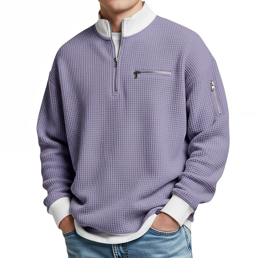 Maglione uomo waffle con mezza zip e tasche con cerniera