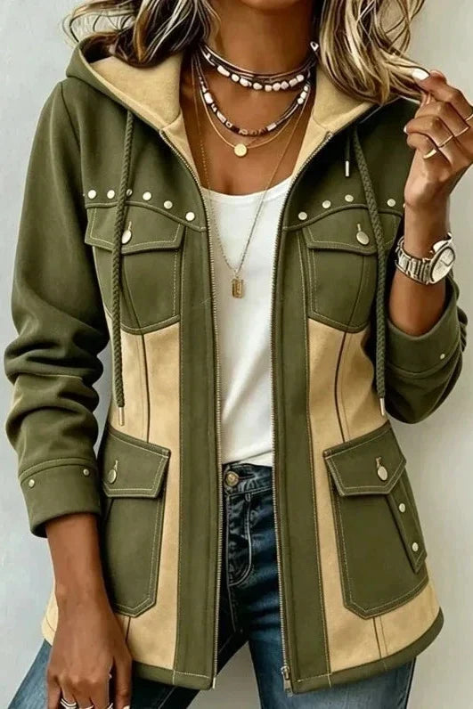 Giacca donna bicolore con cappuccio zip e tasche applicate